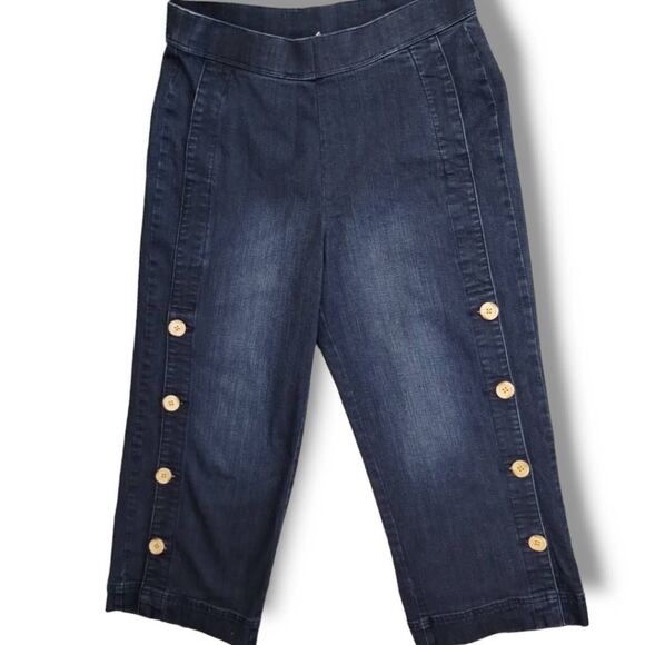Soft Surroundings Womens Jeans Sz Medium Blue Denim Cropped Wide Leg Side Button - Picture 2 of 10